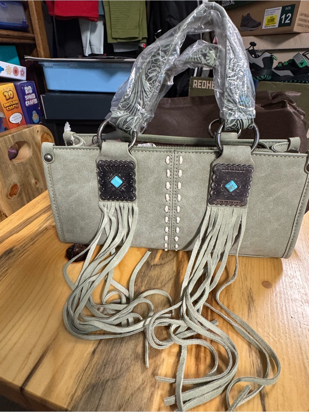 Boho Fringe Satchel Handbag in Sage Green